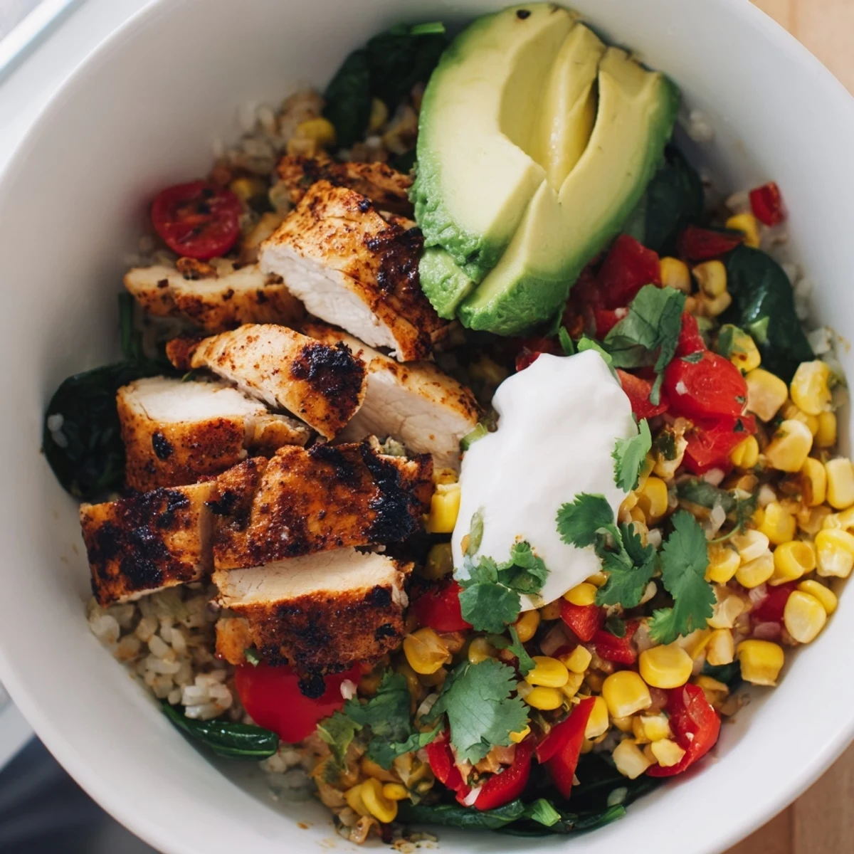 Colorful Southwest Spice Green Chile Bowl topped with fresh avocado slices and melted cheese