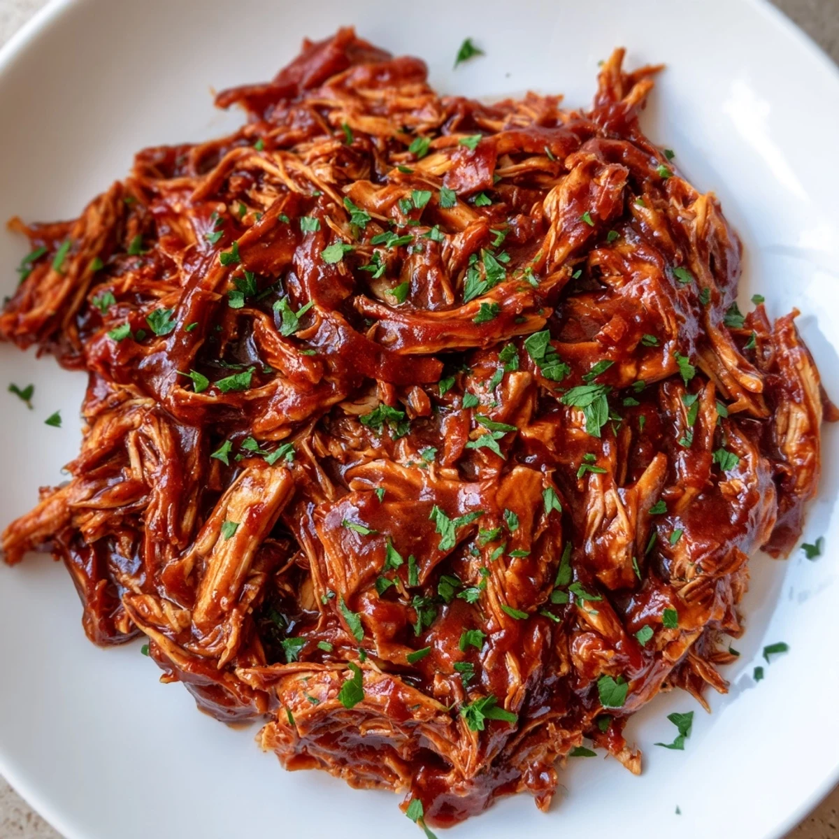 Tender Sweet Baby Ray's Crockpot Chicken glistening with rich barbecue sauce on a white plate
