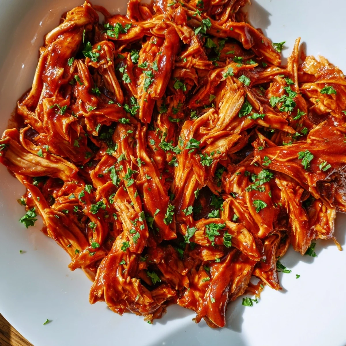 Savory Sweet Baby Ray's Crockpot Chicken shredded and coated in glossy, tangy-sweet hickory sauce