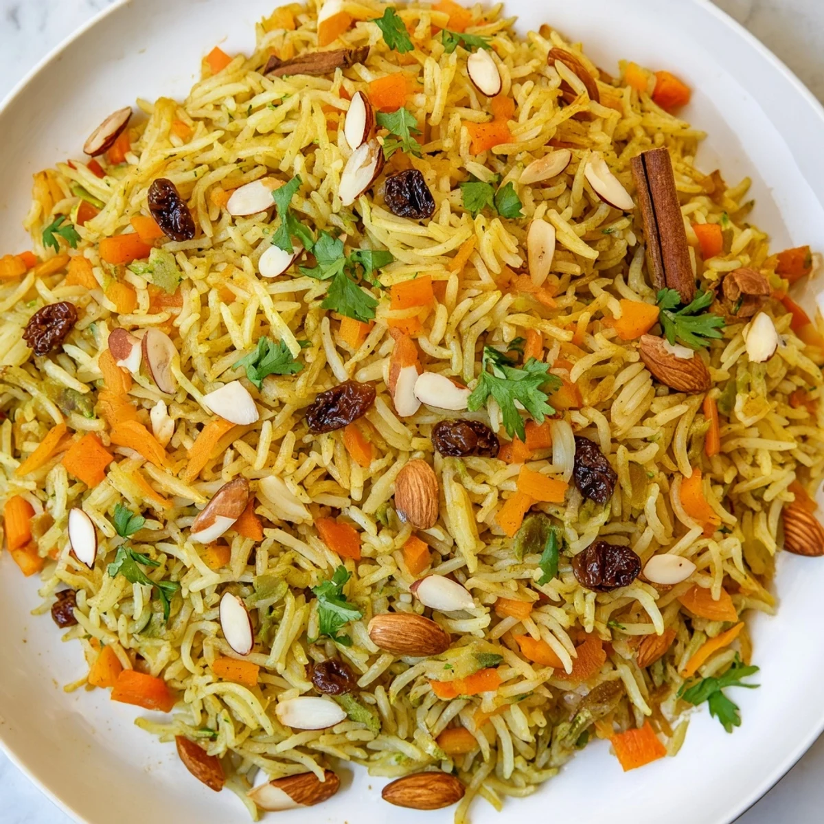 Golden Afghan rice topped with caramelized carrots, plump raisins, and toasted almonds in a colorful presentation