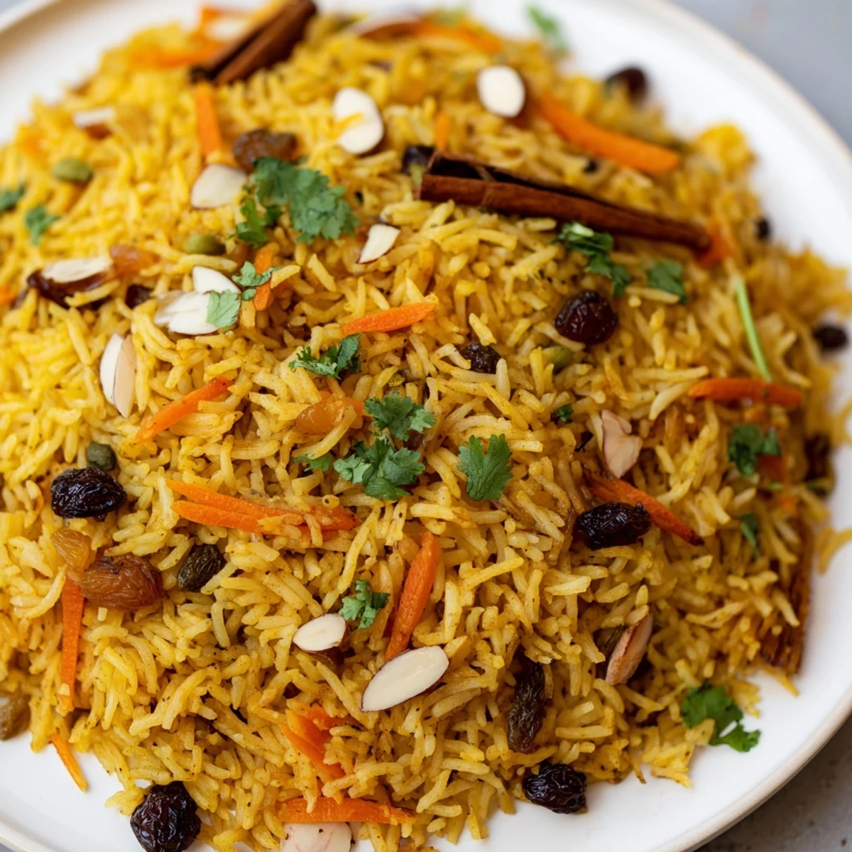 Fragrant Afghan rice steamed with aromatic spices and garnished with fresh herbs on a white serving platter