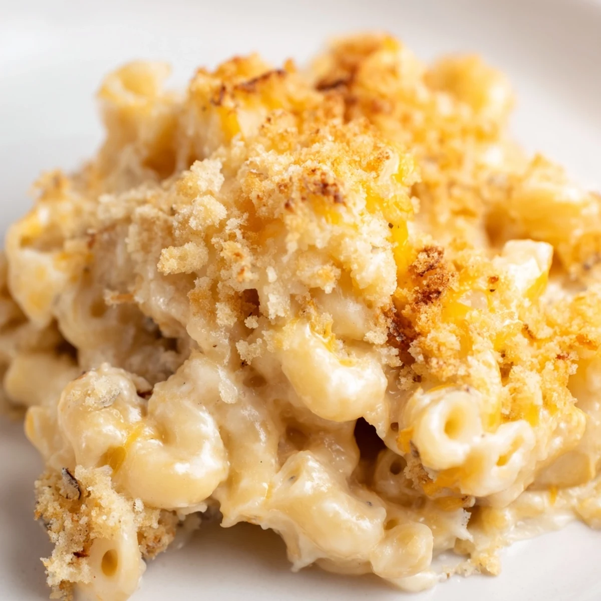 Golden baked three cheese macaroni with crispy panko topping served steaming from casserole dish