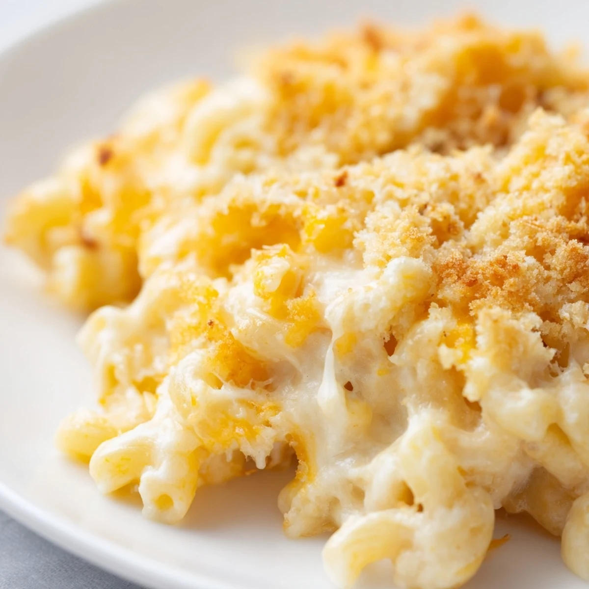 Creamy three cheese macaroni bubbling under buttery breadcrumb crust in white ceramic baking dish