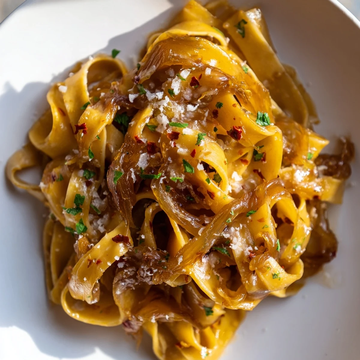 Sweet Heat Caramelized Onion Fettuccine in creamy sauce with golden onions and fresh parsley garnish