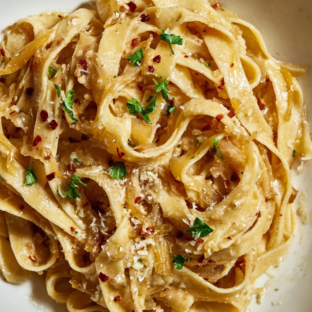 Steaming plate of Sweet Heat Caramelized Onion Fettuccine topped with grated Parmesan and chili flakes