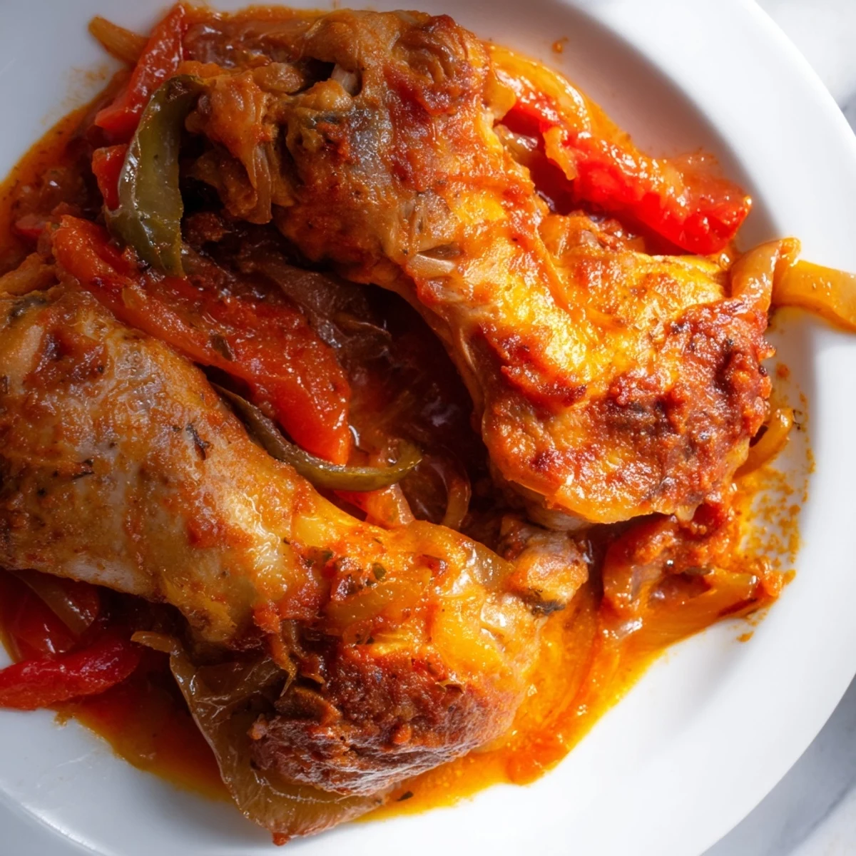 Senegalese Chicken simmered in rich tomato sauce with colorful bell peppers and aromatic spices