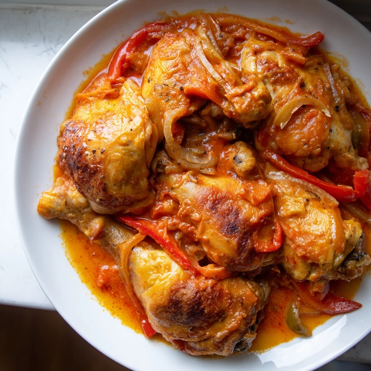 Golden brown Senegalese Chicken served over fluffy white rice with savory onion gravy