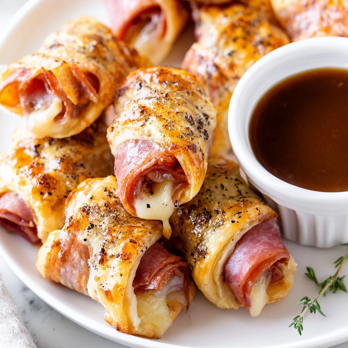 Golden beef and cheese French dip roll ups served with savory au jus dipping sauce