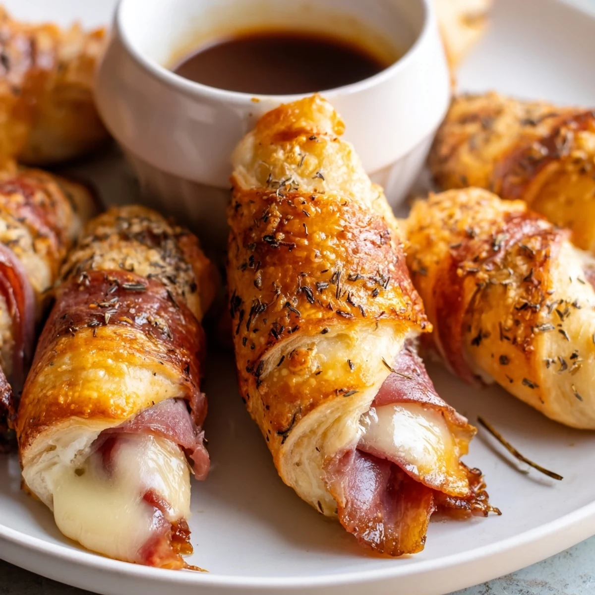 Crescent-wrapped beef and cheese French dip roll ups bubbling with melted provolone cheese