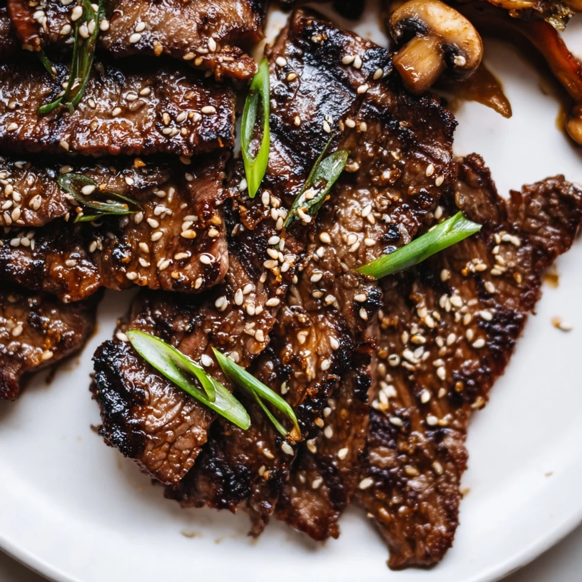 Beef Yakiniku sizzling on a grill pan with charred vegetables and steamed white rice