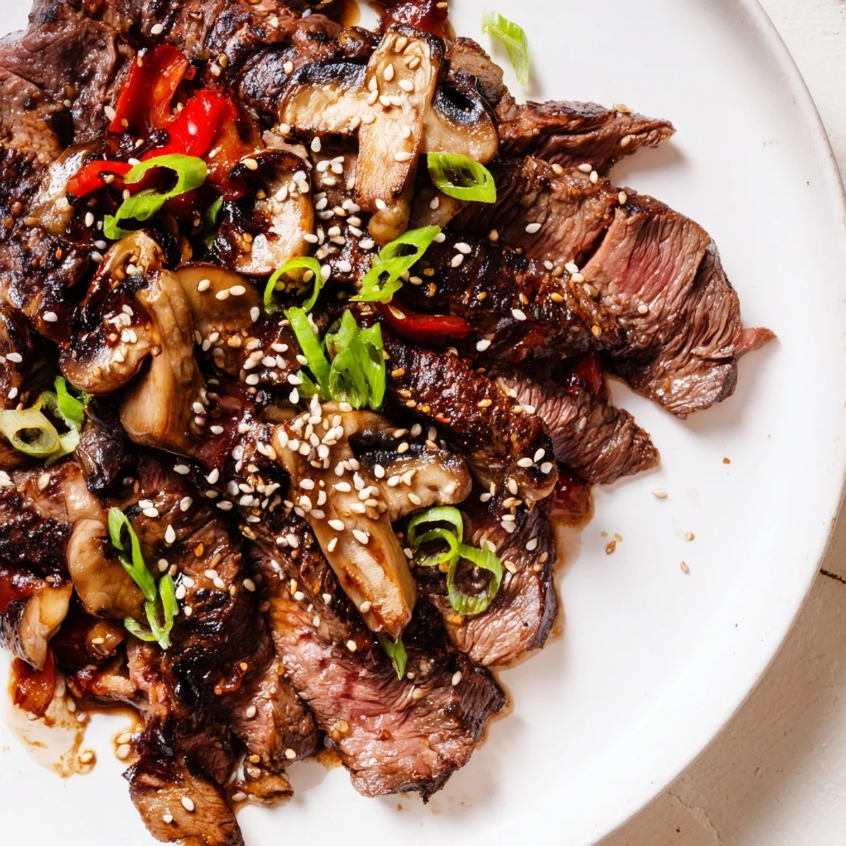 Thinly sliced Beef Yakiniku caramelized to perfection alongside bell peppers and zucchini spears