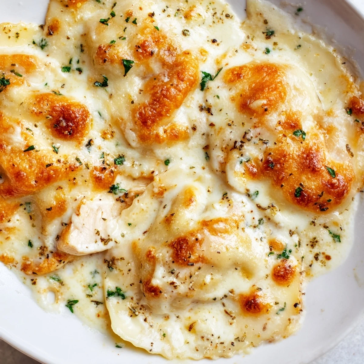 Golden bubbling chicken Alfredo baked ravioli casserole with melted mozzarella cheese topping
