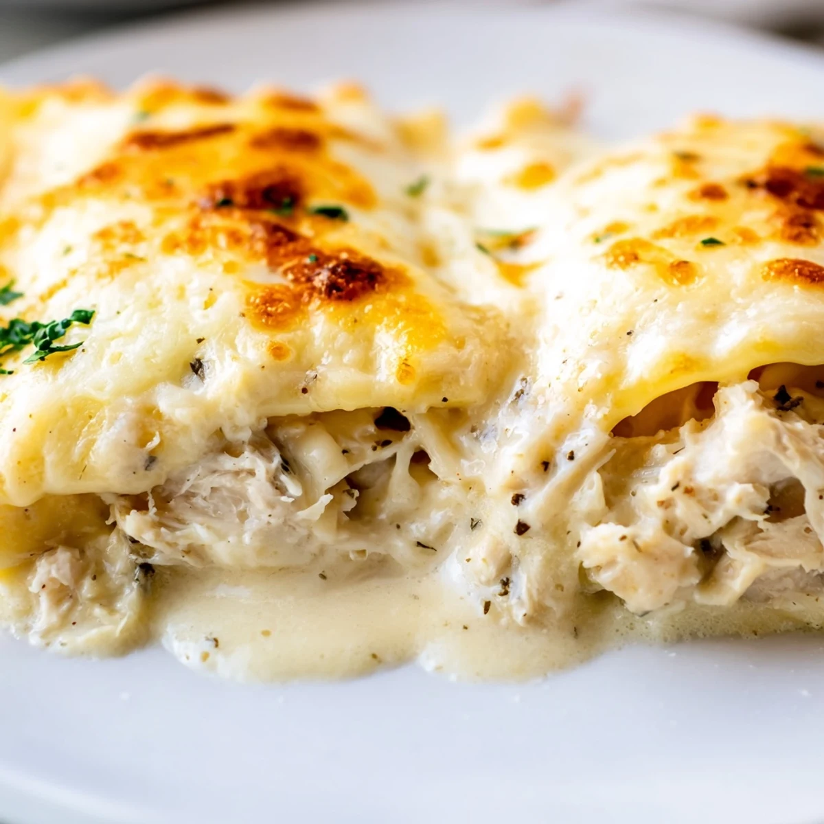 Creamy chicken Alfredo baked ravioli served in a white ceramic baking dish