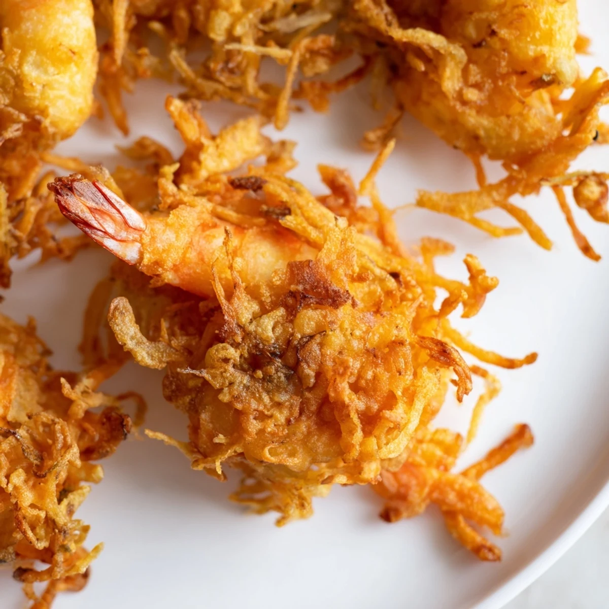 Golden crispy Ukoy Filipino shrimp fritters served with spicy vinegar dipping sauce on a white plate