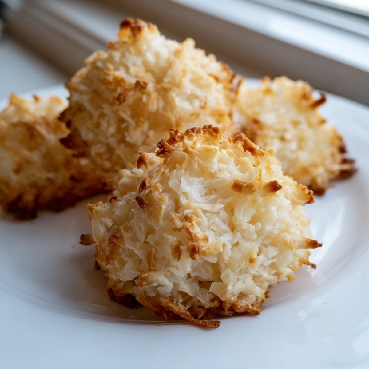 Golden chewy coconut macaroons with crispy edges stacked on a white serving plate
