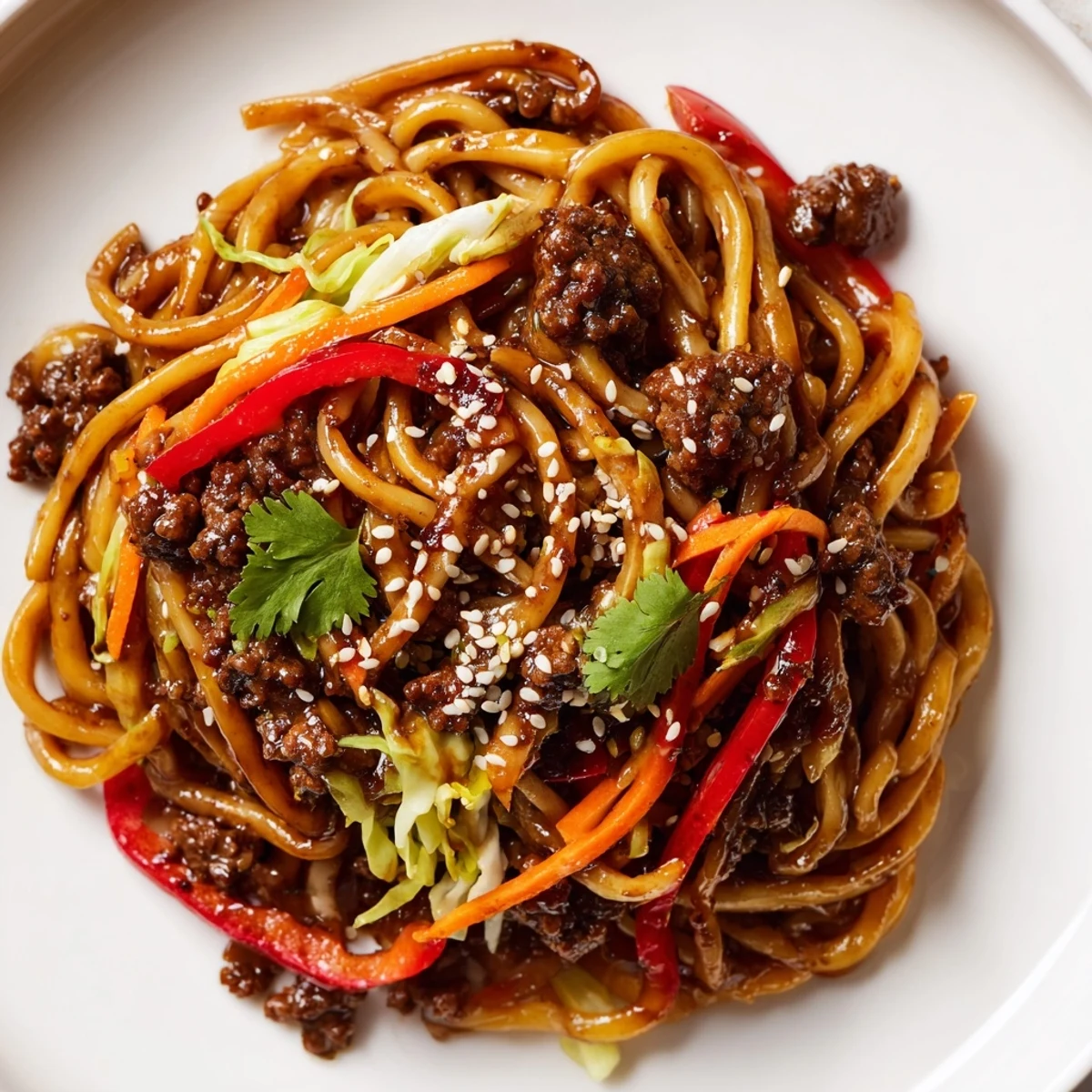 Asian ground beef noodles tossed with colorful vegetables in a savory glossy sauce