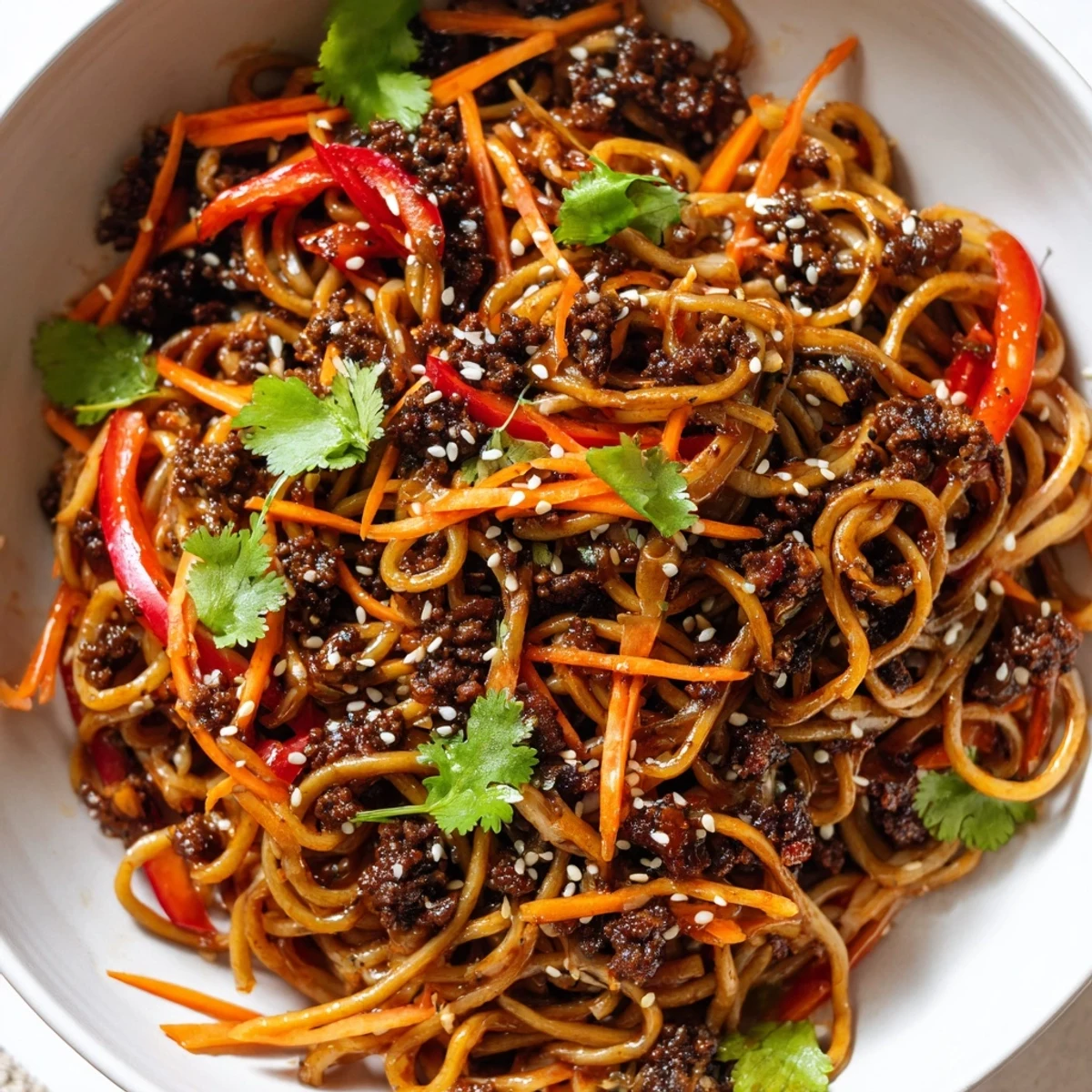 Steaming bowl of Asian ground beef noodles garnished with sesame seeds and herbs