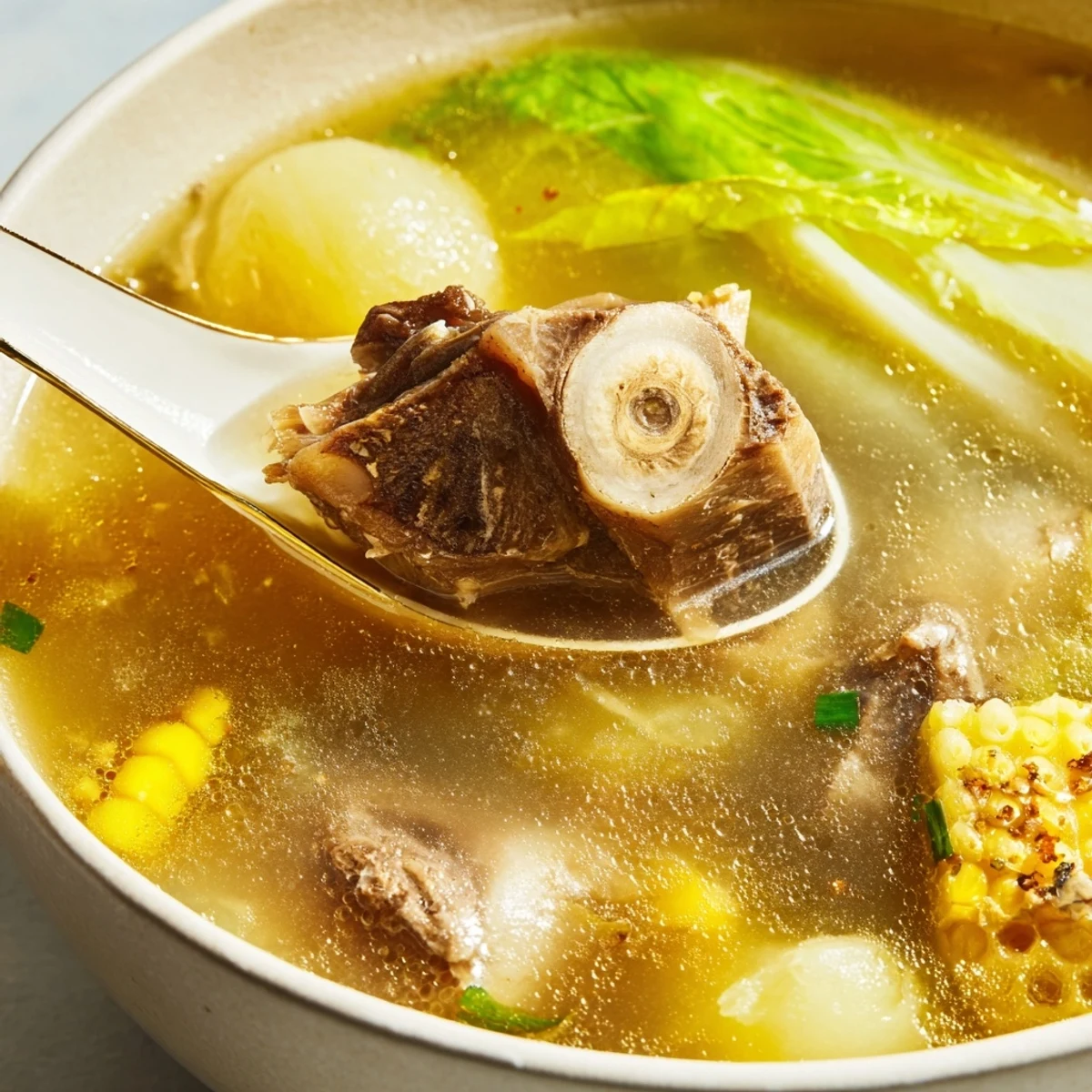 Filipino Bulalo Beef Shank Soup served steaming in a bowl with tender meat and vegetables
