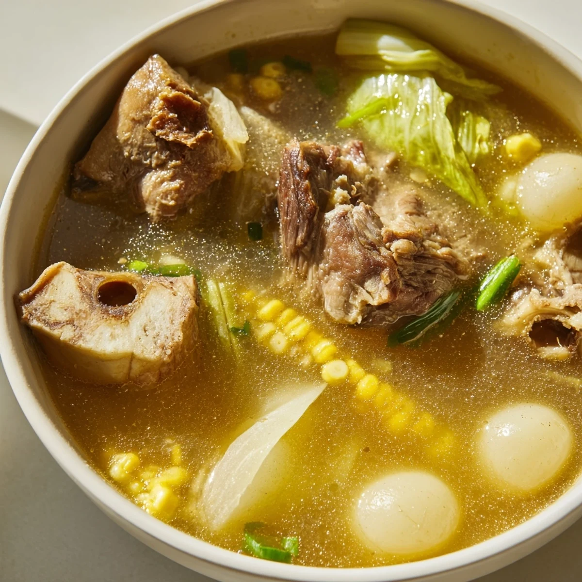 Tender beef shank and bone marrow floating in clear golden Filipino Bulalo Beef Shank Soup broth