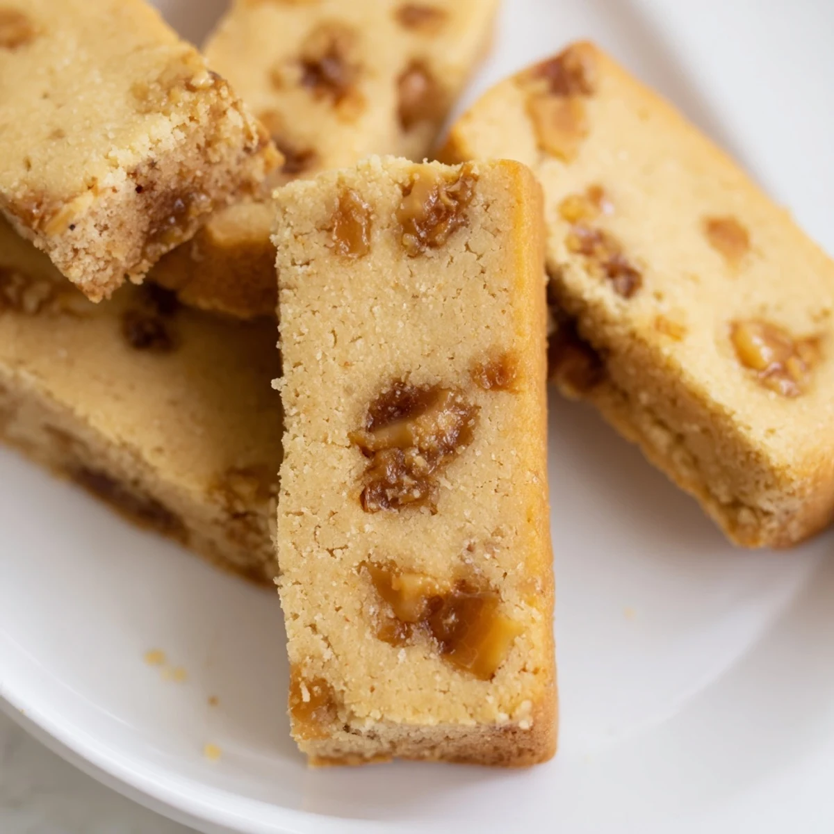 Espresso shortbread cookies with golden edges and melty toffee chunks stacked on a white plate