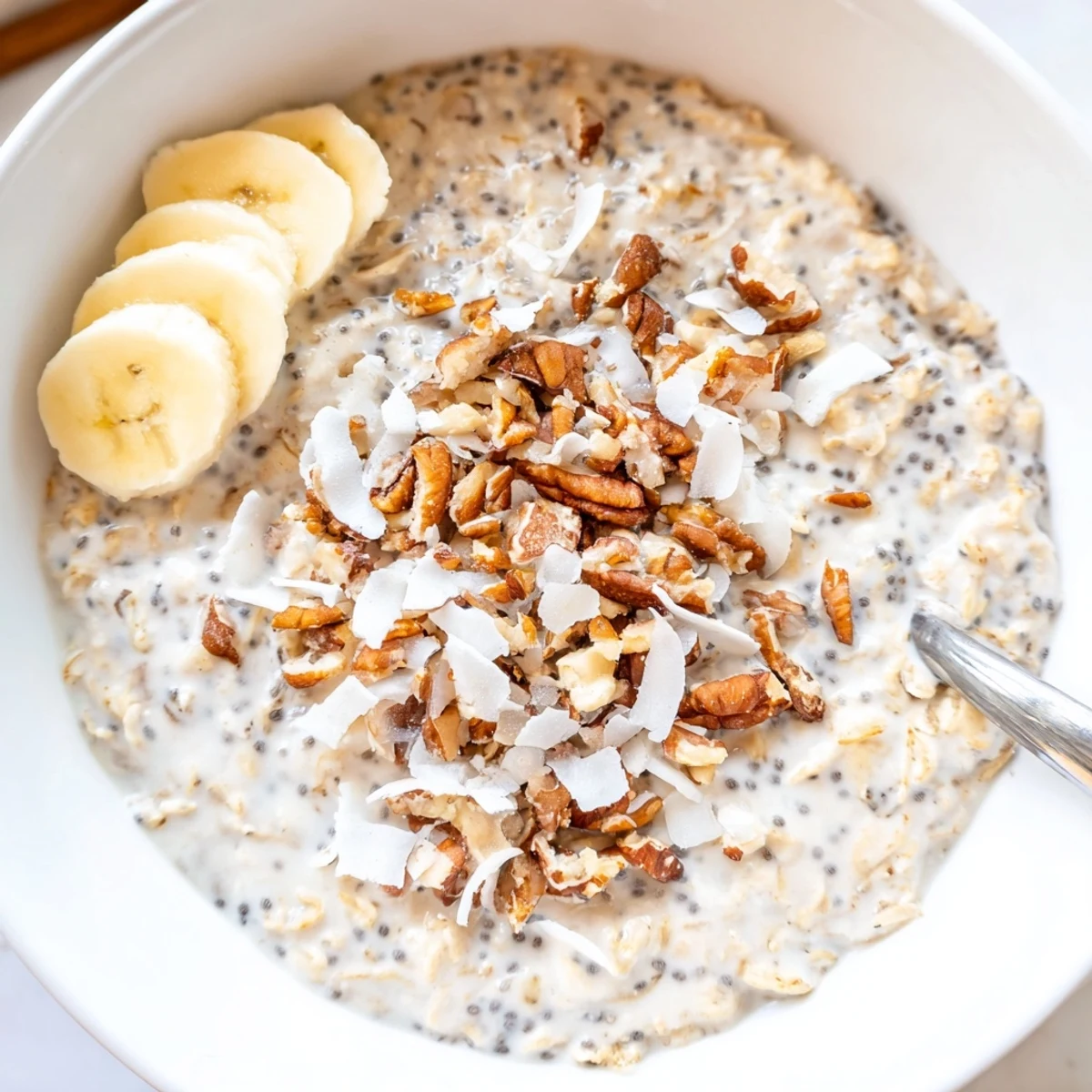 Creamy coconut cream pie overnight oats topped with toasted coconut flakes in a glass jar