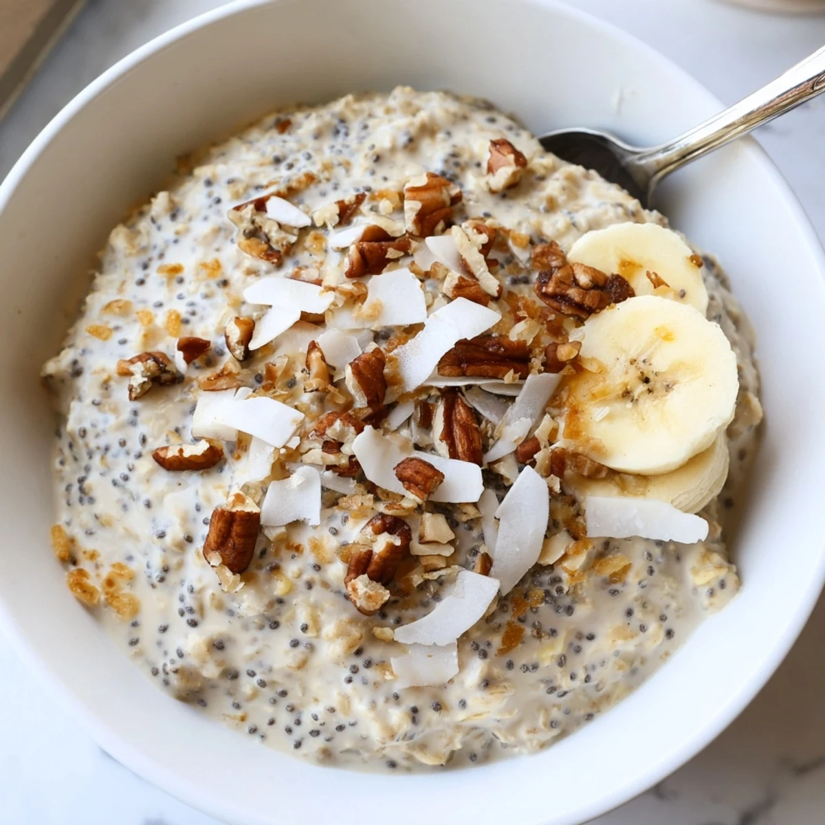Thick coconut cream pie overnight oats layered with crunchy pecans and fresh banana slices