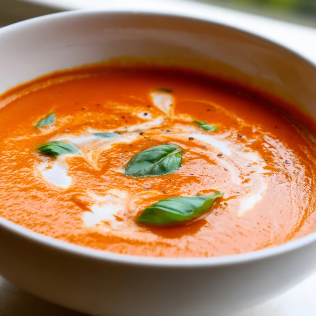 Creamy fire roasted tomato soup in a rustic bowl with fresh basil garnish and crusty bread