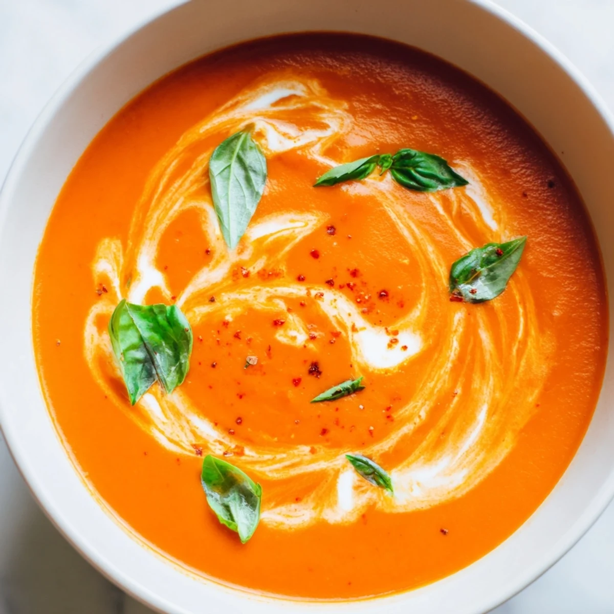 Steaming fire roasted tomato soup topped with a swirl of cream and chopped herbs