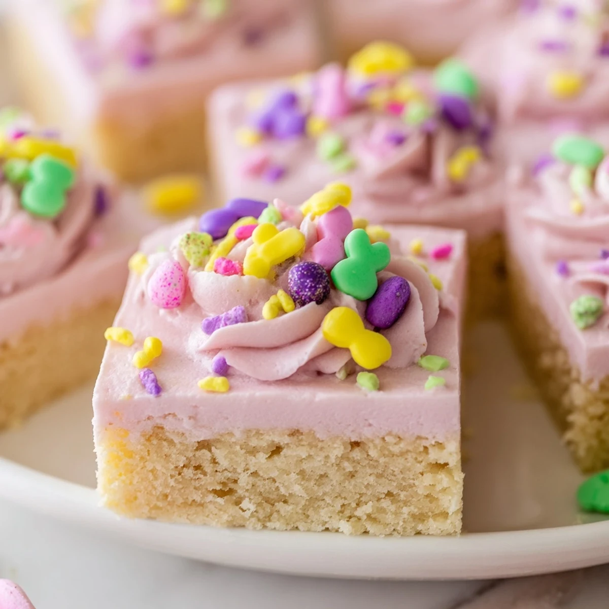 Soft Easter sugar cookie bars with swirled pastel frosting and colorful sprinkles on a white platter