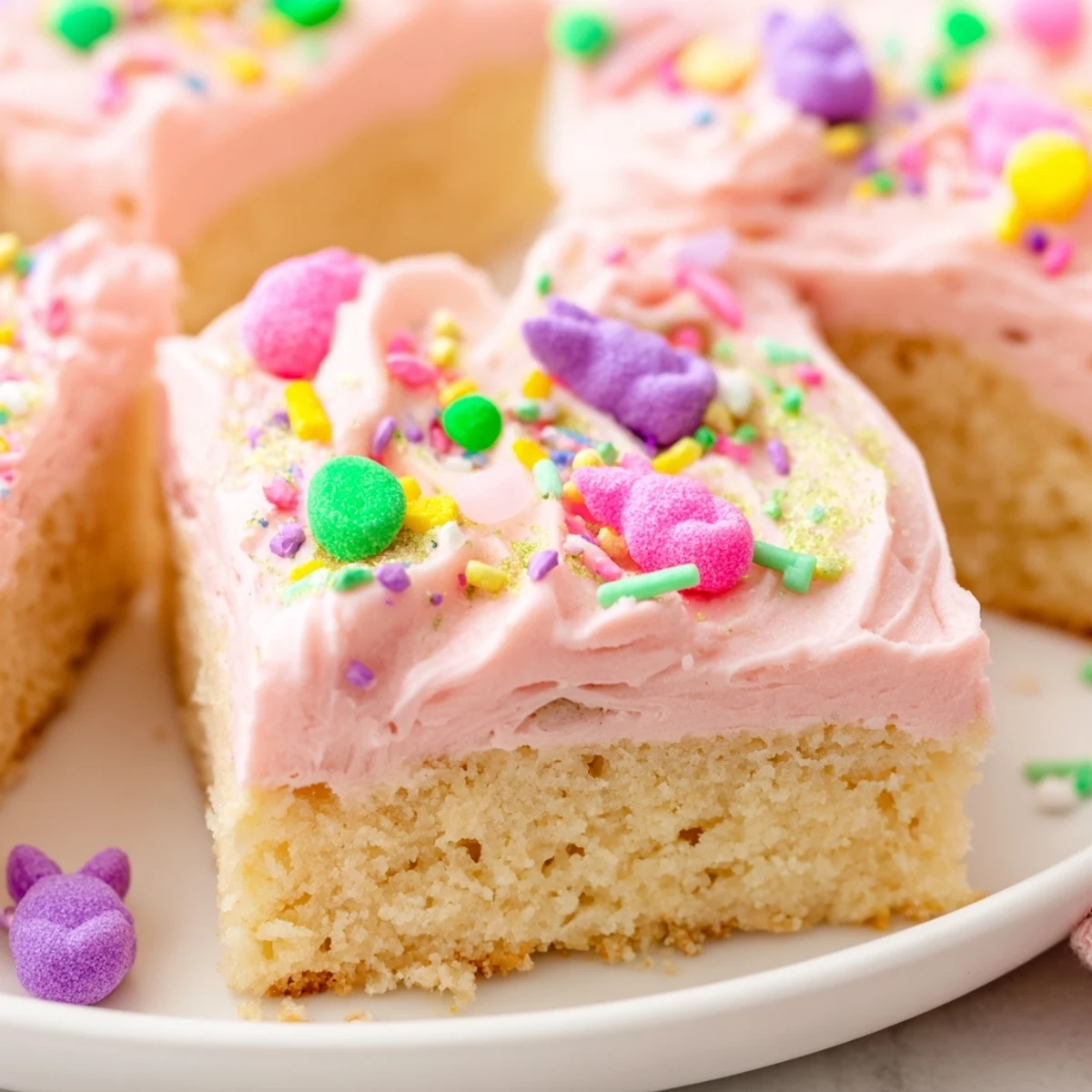 Thick-cut Easter sugar cookie bars topped with creamy pink buttercream and festive rainbow sprinkle decoration