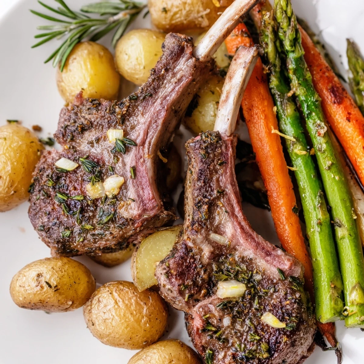 Festive Easter sheet pan dinner with herb-roasted lamb, potatoes, carrots, and asparagus.
