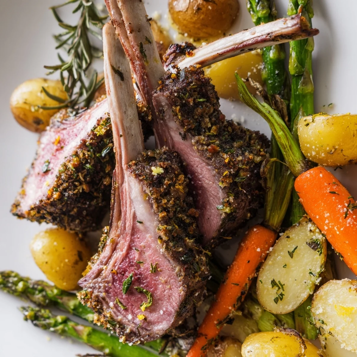 Golden herb-roasted lamb chops nestled among roasted vegetables on a sheet pan.