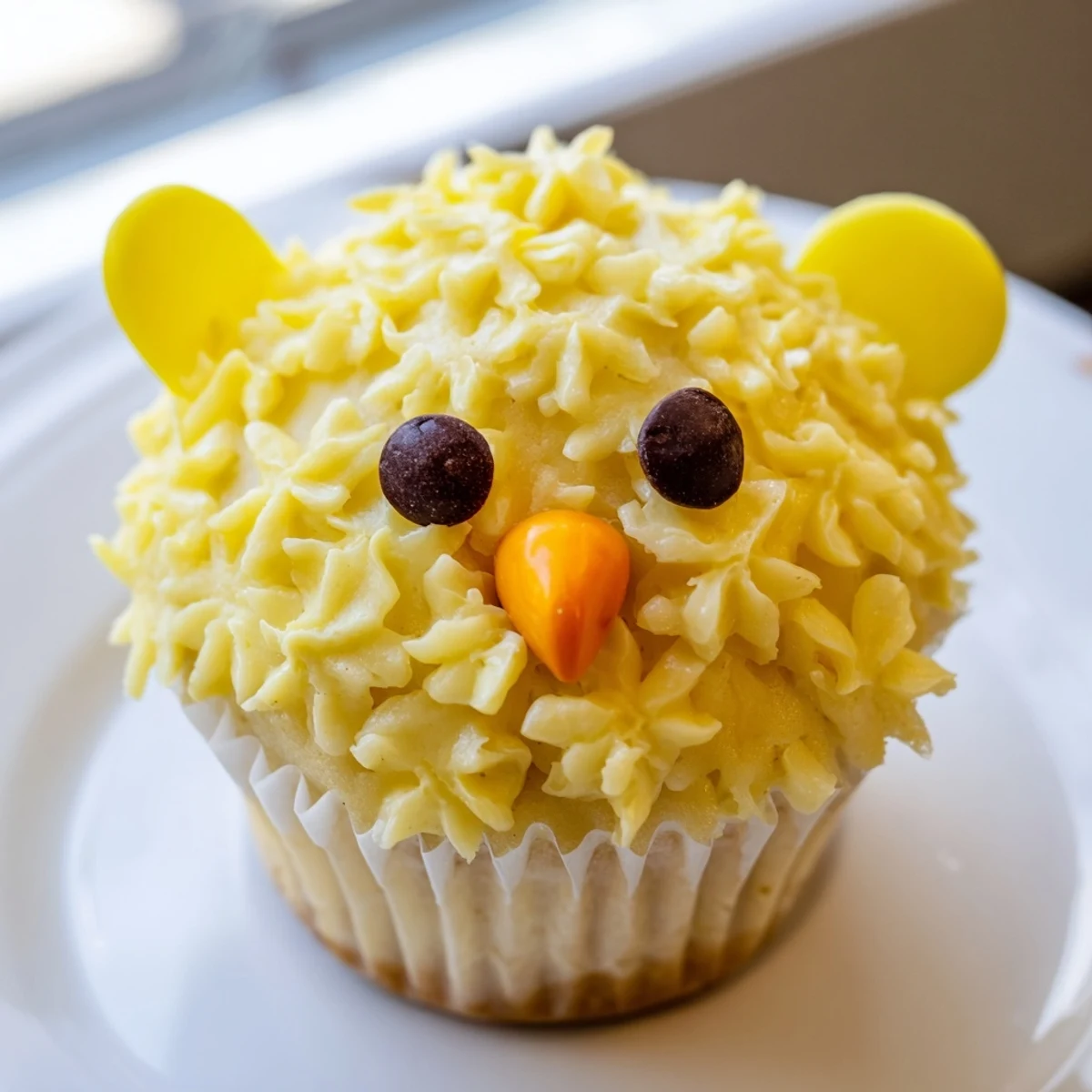 Bright yellow Easter Chick Cupcakes topped with fluffy buttercream and candy faces on a festive spring table
