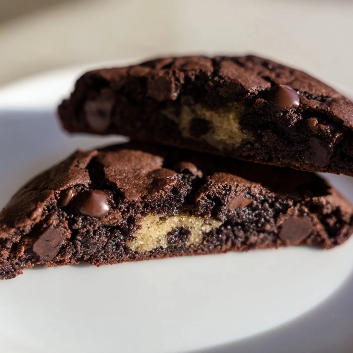 Fudgy brownie cookies stuffed with cookie dough cooling on a rustic baking sheet