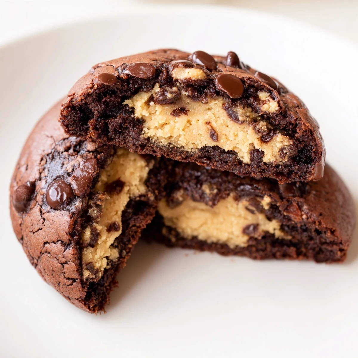 Thick fudgy brownie cookies stuffed with cookie dough displayed on a white plate