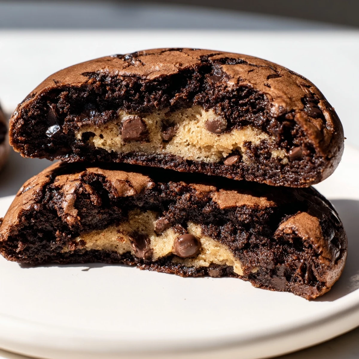Crackled tops of fudgy brownie cookies stuffed with cookie dough dusted with cocoa powder