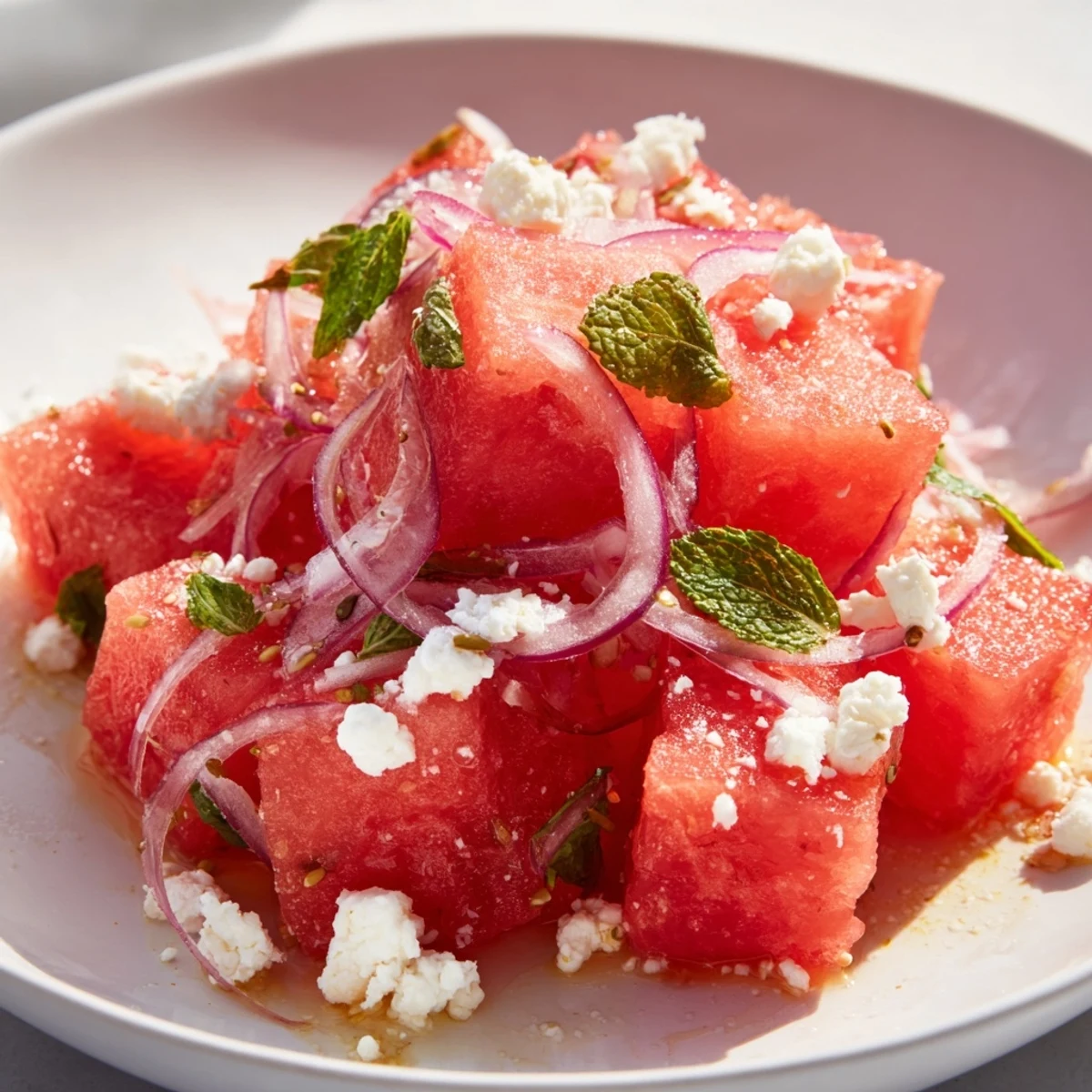 Bright watermelon feta salad with cucumber, red onion, and torn fresh mint leaves
