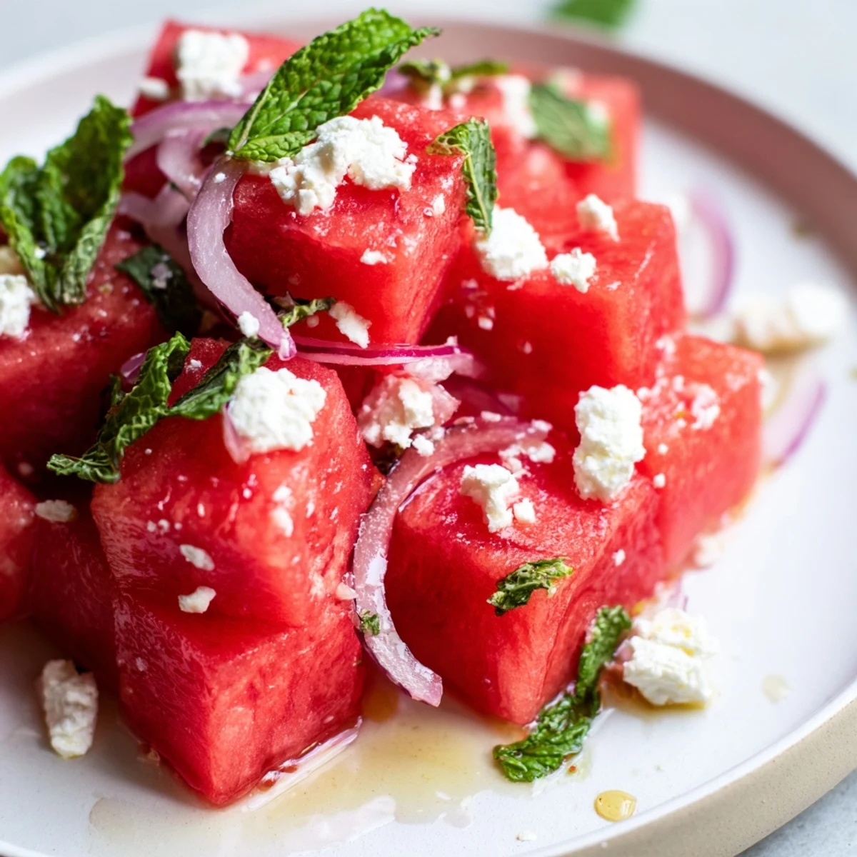 Creamy crumbled feta tops juicy watermelon cubes drizzled with honey lime vinaigrette