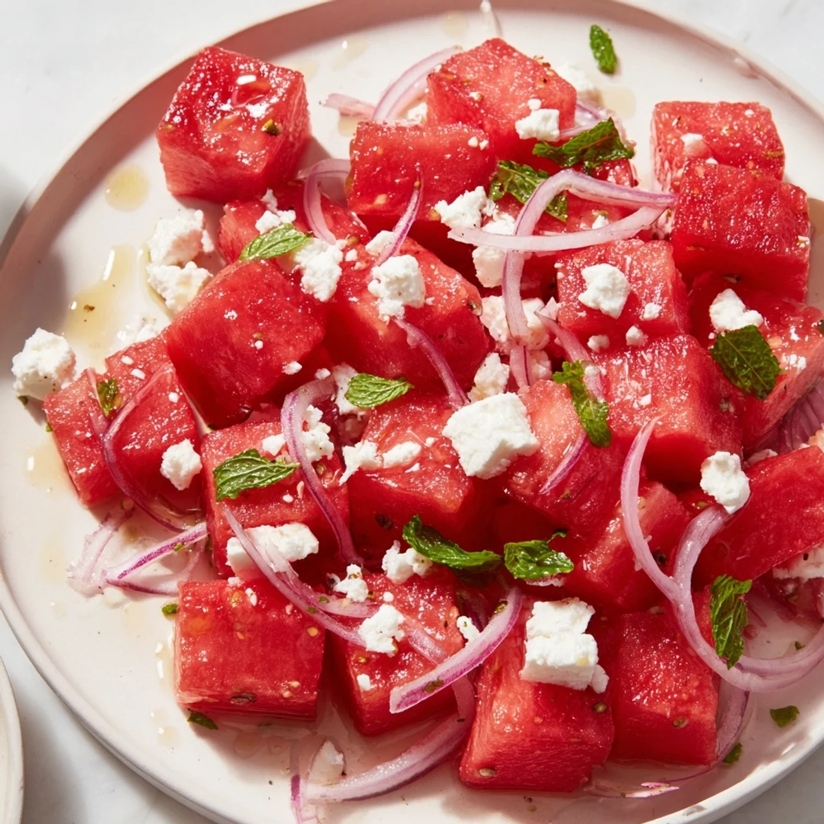 Refreshing watermelon feta salad served in a white bowl on a summer table