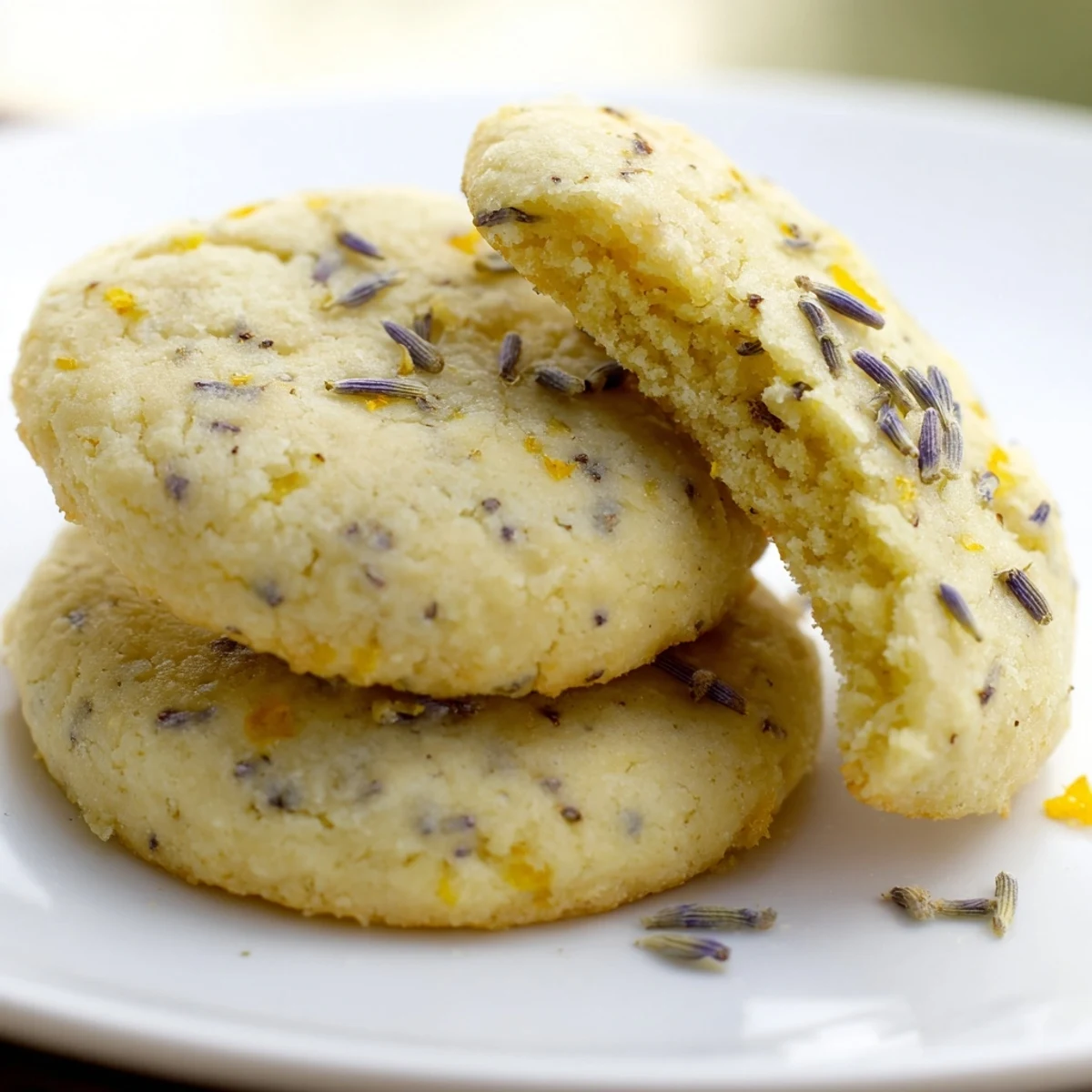 Soft Lemon Lavender Cookies with golden edges arranged on a rustic white ceramic plate