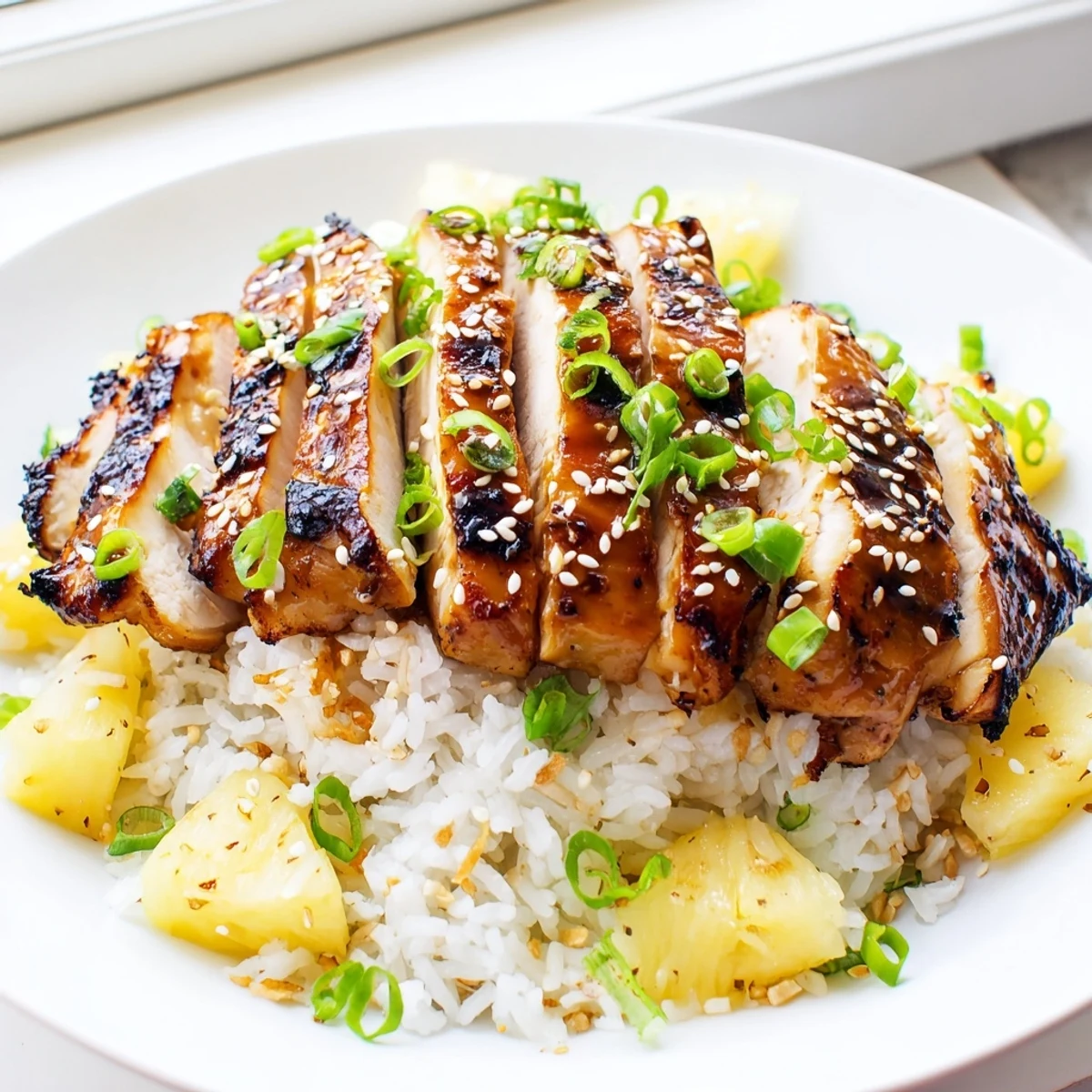 Golden caramelized Hawaiian chicken over creamy coconut rice with fresh pineapple chunks