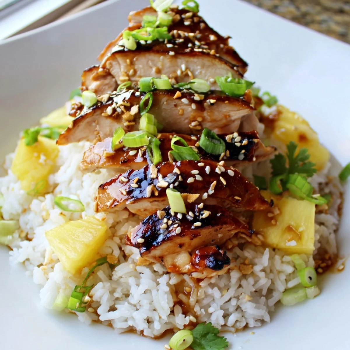 Juicy grilled Hawaiian chicken nestled on fragrant coconut rice garnished with sesame seeds and cilantro