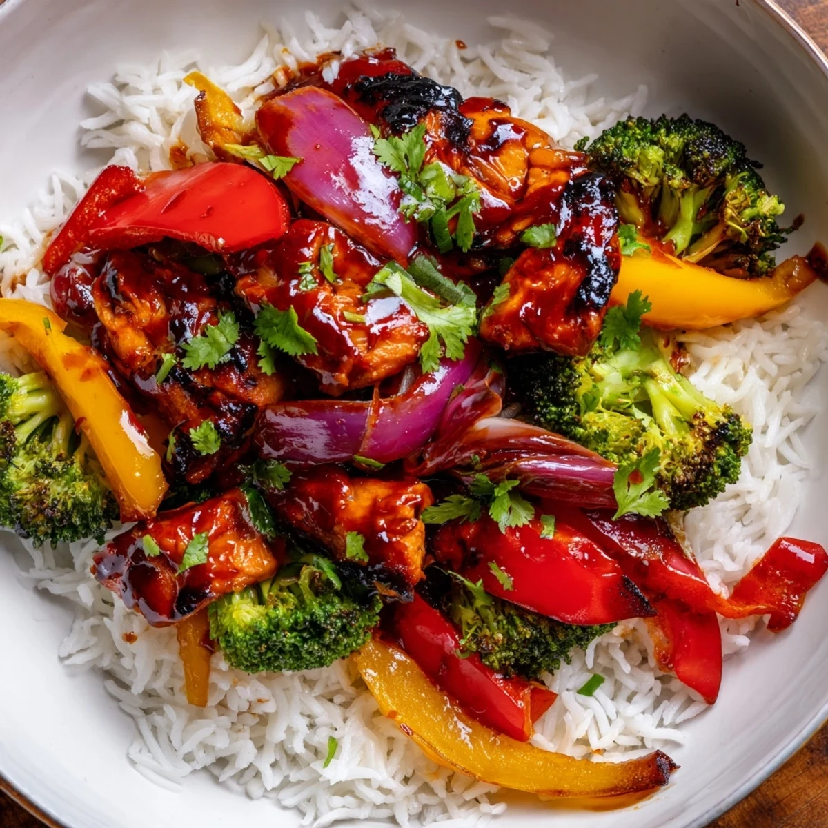 Colorful chicken vegetable stir fry sizzling in a wok with glossy sauce and crisp tender broccoli