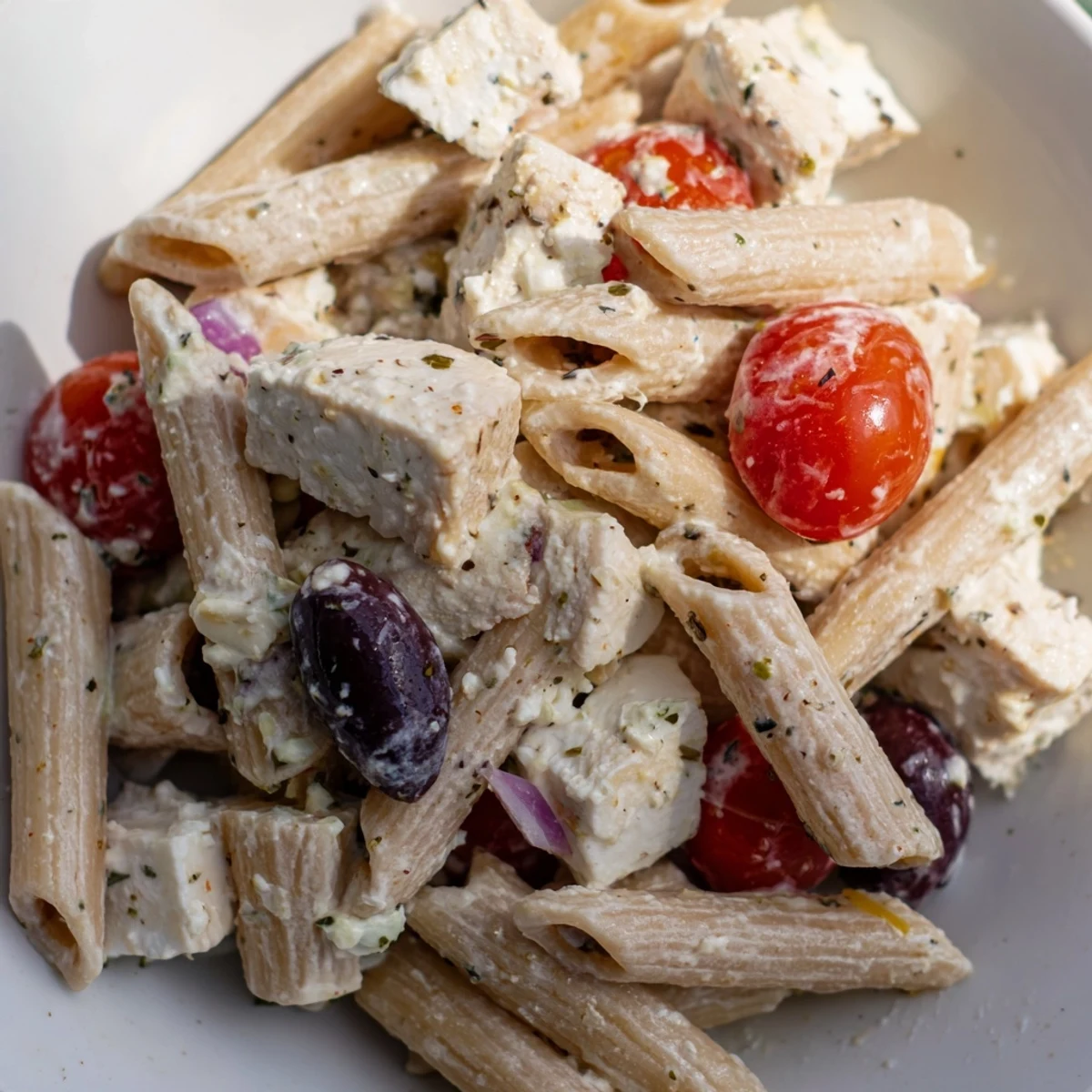Colorful High Protein Greek Pasta Salad in a bowl with feta, tomatoes, and olives