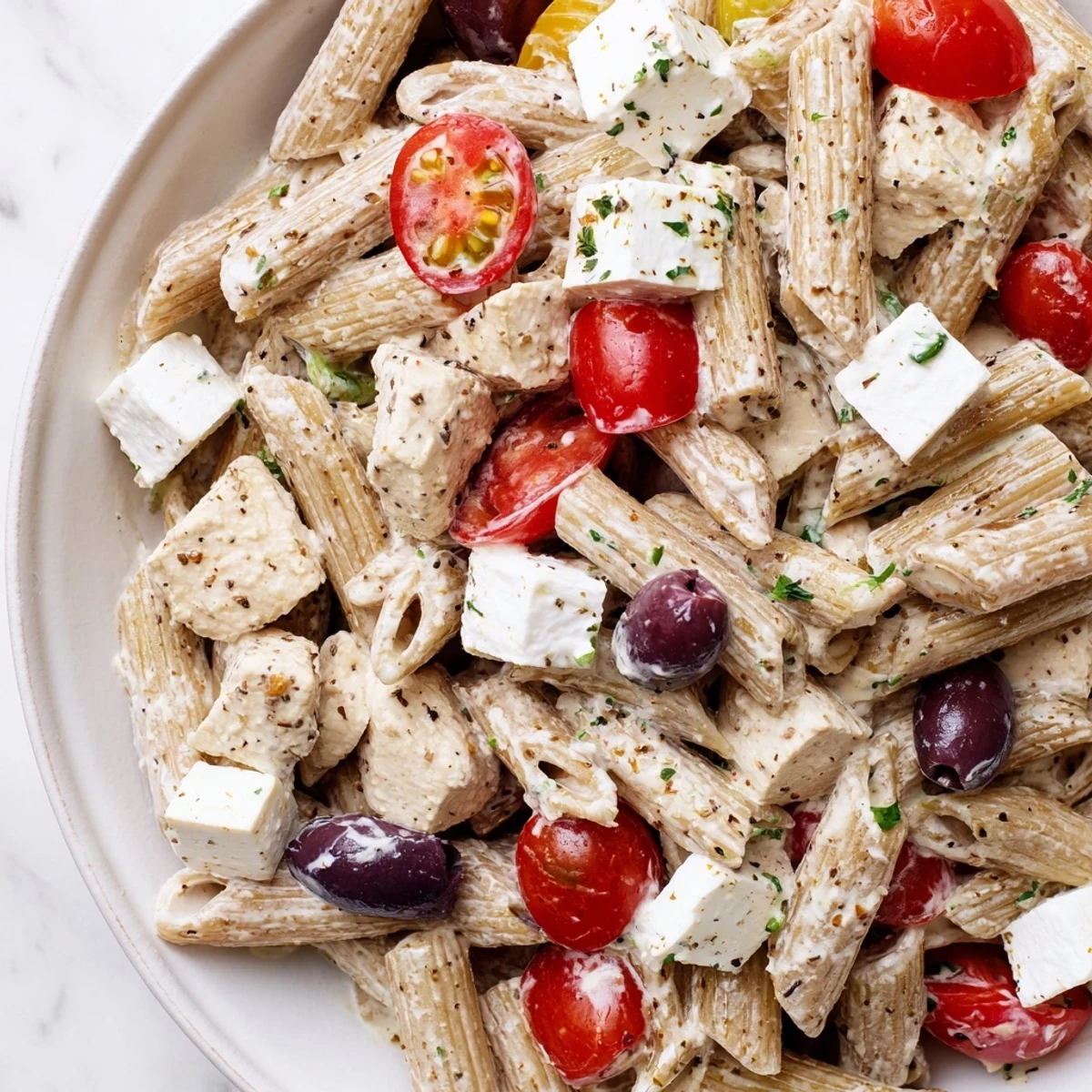 High Protein Greek Pasta Salad featuring crisp vegetables, tender chicken, and creamy feta cubes