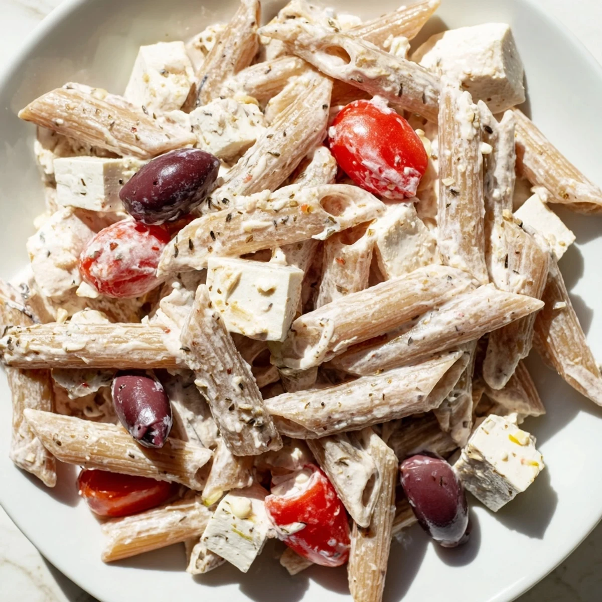 Vibrant High Protein Greek Pasta Salad topped with Kalamata olives and fresh herbs