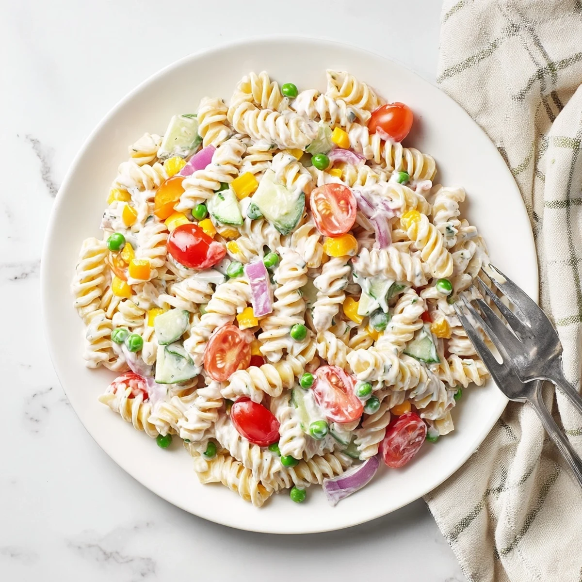 Creamy ranch pasta salad in a serving bowl with colorful vegetables and fresh herbs