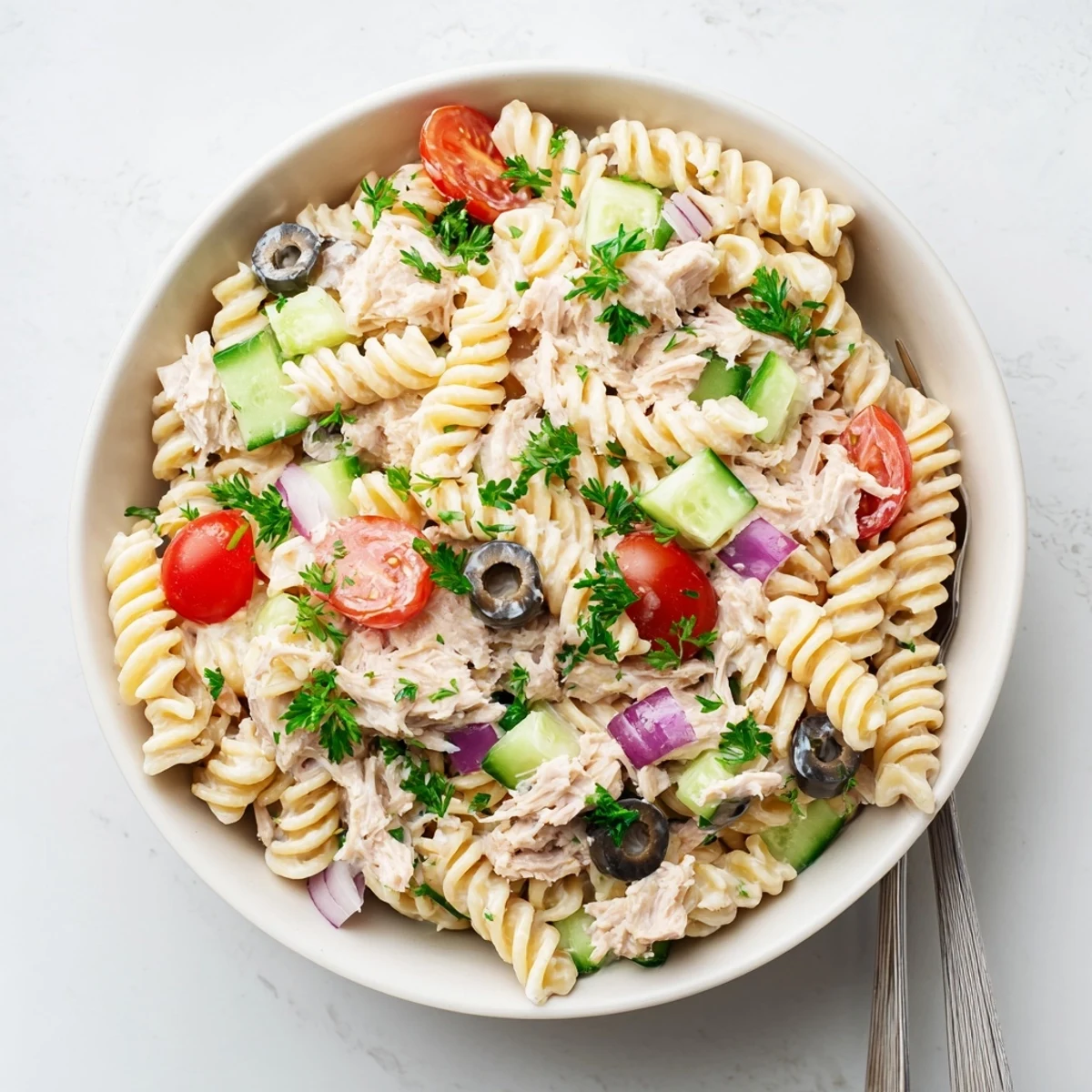 Chilled tuna pasta salad featuring crisp vegetables and tender pasta coated in tangy creamy dressing