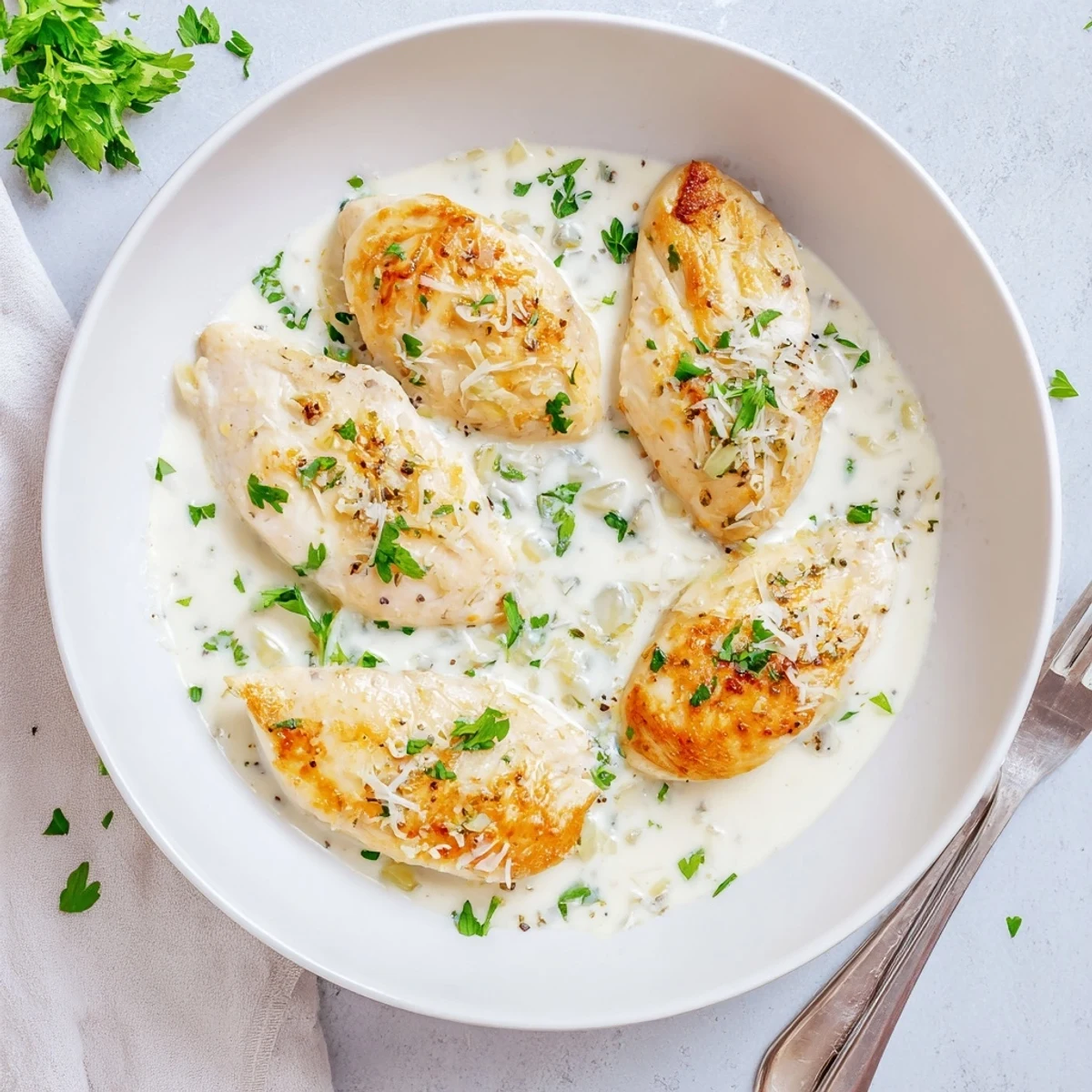 Creamy Garlic Chicken smothered in rich parmesan sauce, topped with fresh green parsley.