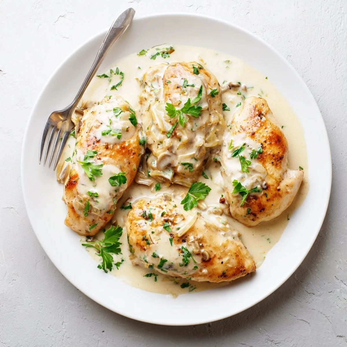 Golden seared Creamy Garlic Chicken in a velvety white sauce, ready to serve.
